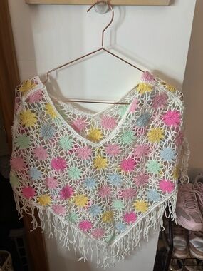 Crochet Floral Fringe Poncho in Pastel Multicolor one size